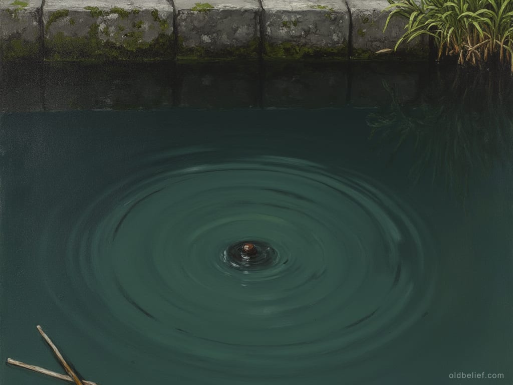 Still dark water against stone, reeds at the edge, a ring spreading from below