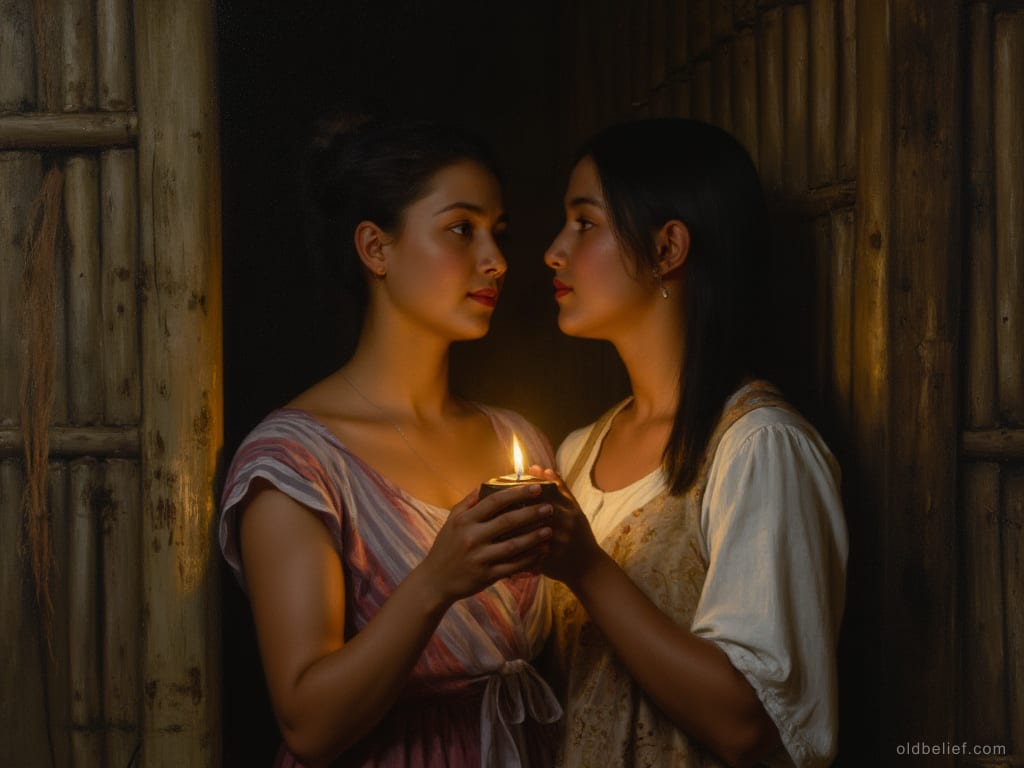 Two women in a dark doorway at night, one holding up an oil lamp and looking closely into the other's eye