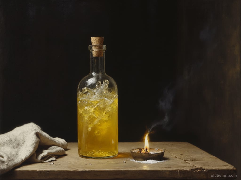 Corked bottle of pale oil boiling hard on a dark table, lit by a low lamp