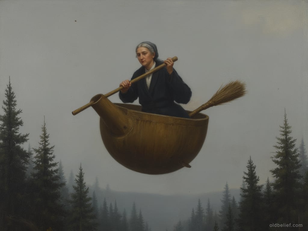 Old woman flying low over treetops in a large wooden mortar, steering with a pestle