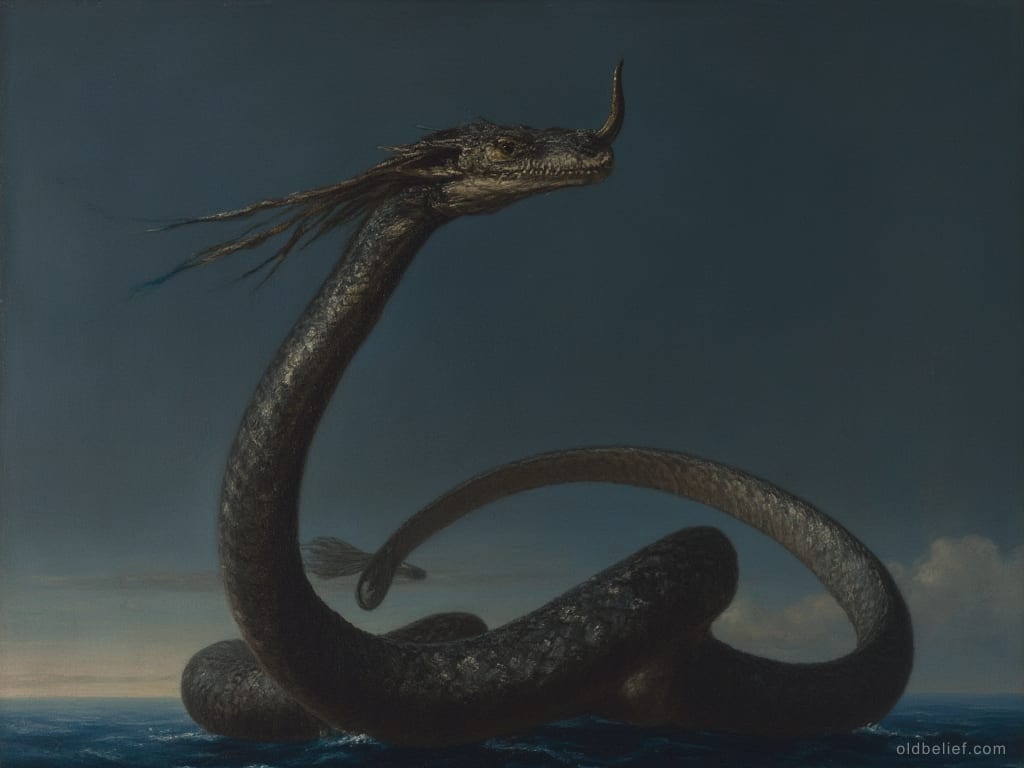 Vast dark scaled serpent rising out of the sea in wide loops, a single curved horn on its snout and long trailing whiskers along its jaw