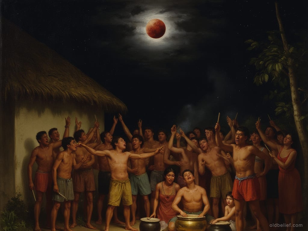 Crowd of villagers in the yard of a thatched house at night, arms raised and faces turned up to a moon in total eclipse, beating brass pots and a drum with wooden sticks