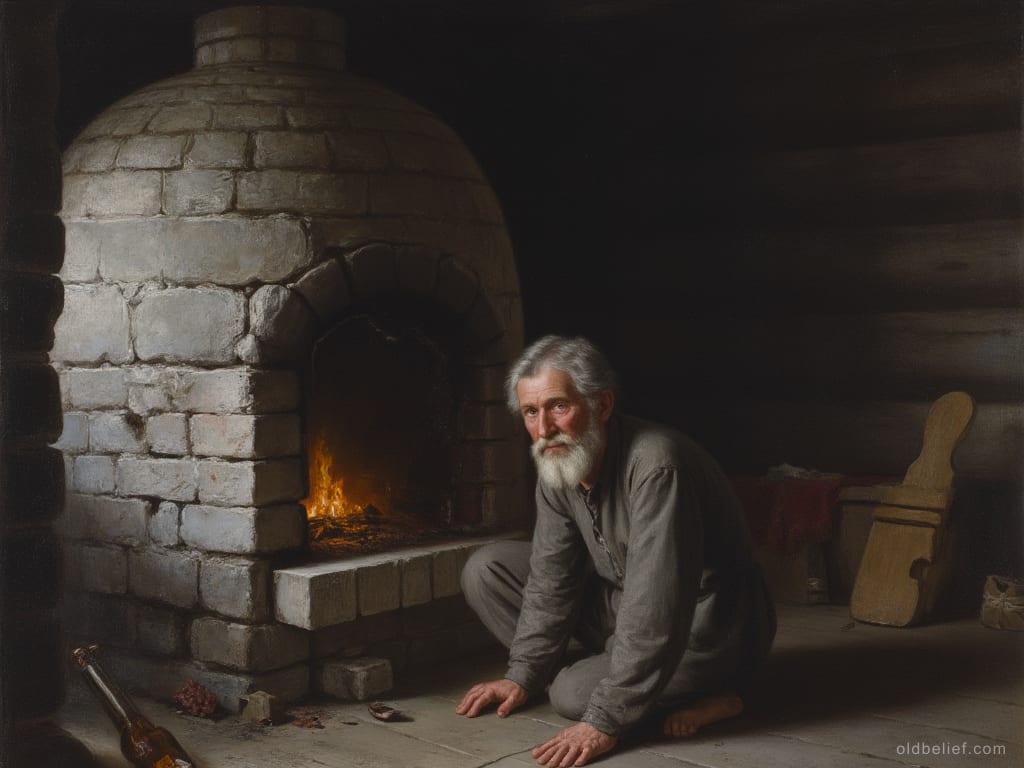 Small grey-haired old man with bright eyes seated in shadow beside a brick oven