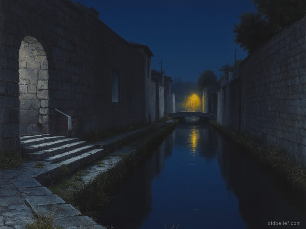 Empty stone canal bank at night with mist on the water and no one in sight