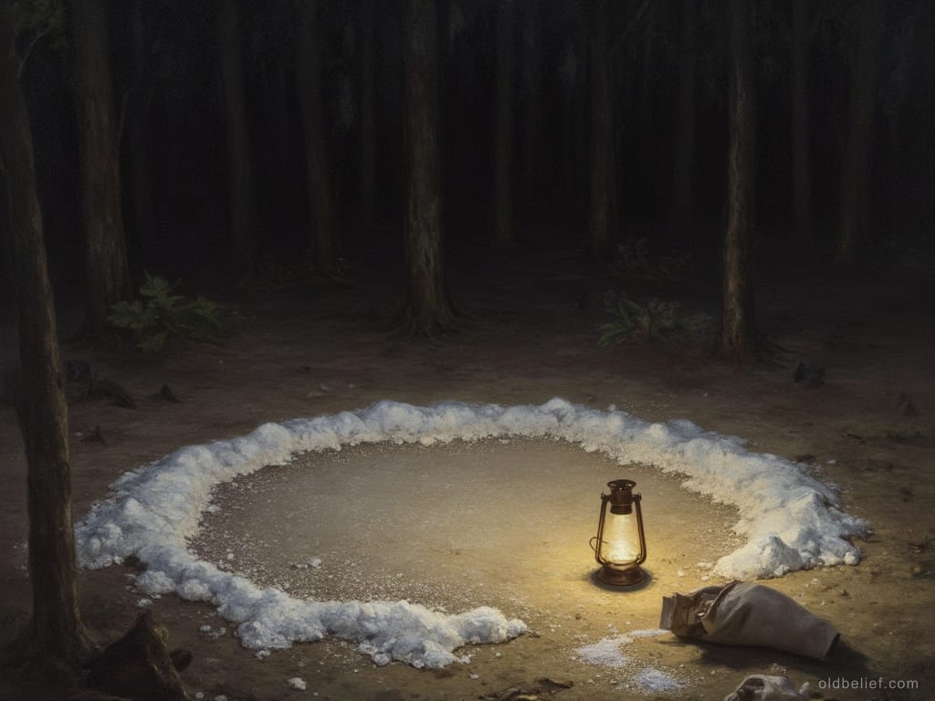 Wide ring of coarse white salt heaped on bare forest ground at night, a lit oil lantern standing inside the ring and an open sack tipped over beside it