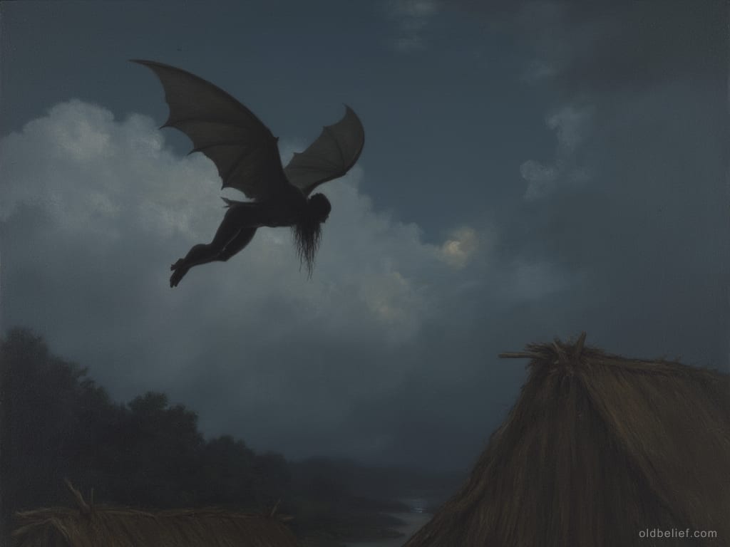 Silhouette of a human upper torso with long hair and wide bat wings flying low across a cloudy night sky, the ridge of a thatched roof in the foreground below it