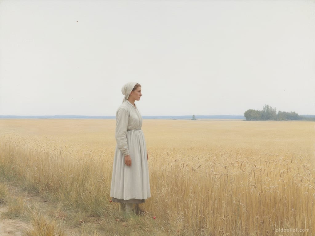 Tall woman in white standing among ripe rye at midday, seen from a distance