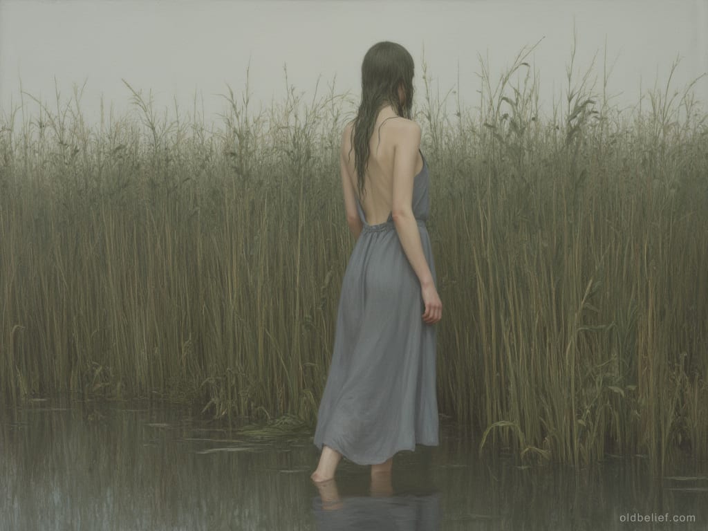Very pale small figure with green hair and unusually long arms, half in reeds