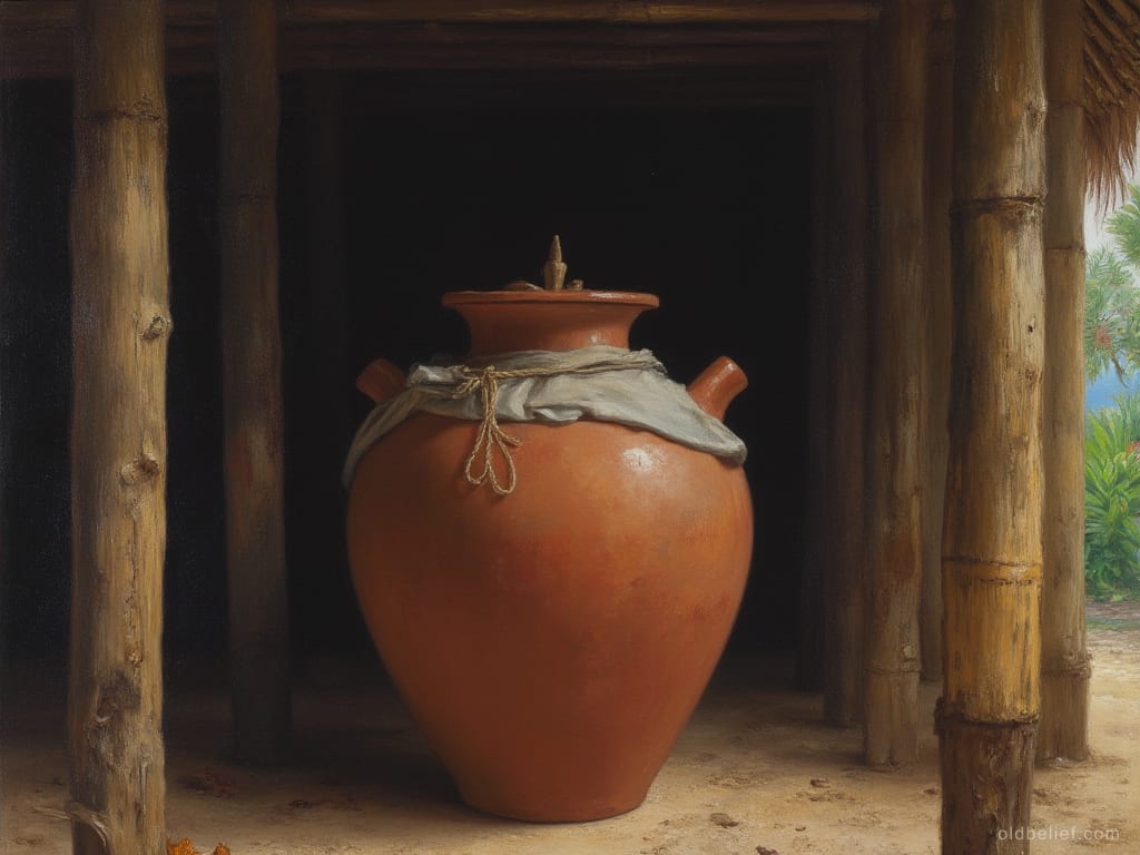 Large sealed earthenware jar standing in the dark crawl space beneath a stilt house