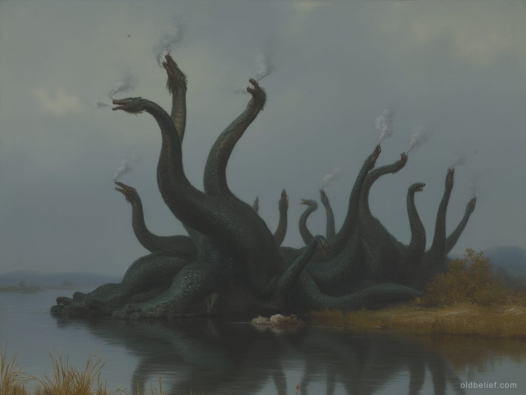 Vast many-headed serpent rising from a dark lake, several heads lifted and smoking